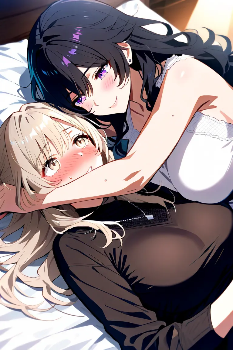 2 women、 character for V21（ light beige hair（ shoulder length）、Light beige eyes、Long、smile）、 character for V2２（ black hair、long hair、 purple eyes、Big Breasts）、 blush、Holding hands、The distance it takes to breathe、Delicate atmosphere、 bed、lying down、Afterta...