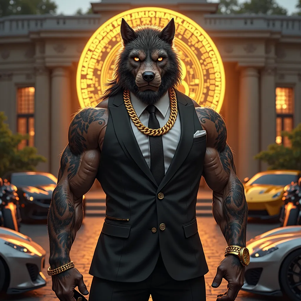 "High-resolution realistic image of a muscular werewolf (bodybuilder) wearing an elegant and well-fitted suit, with a thick gold chain around his neck, gold bracelets, and a shiny gold watch. Behind him, the Bitcoin symbol stands out prominently in the sce...