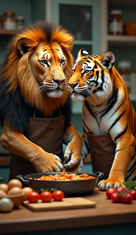 A picture of a fierce lion and a fierce tiger cooking food in the kitchen and wearing an apron