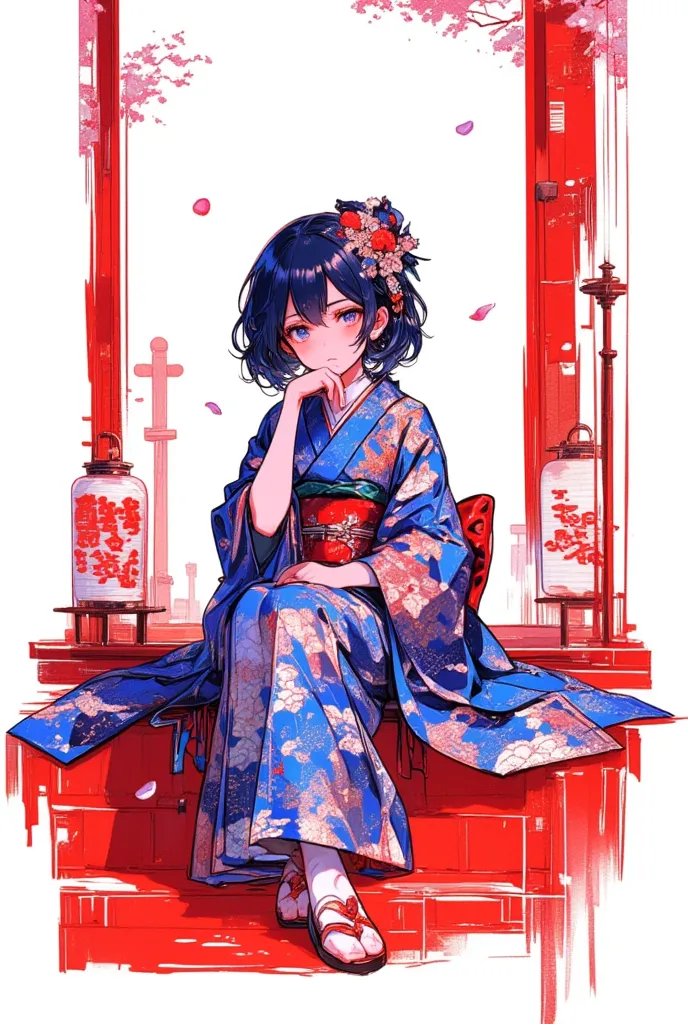 (Masterpiece, BestQuality:1.2),vibrant colors, post-grunge, intricate details, detailed depiction,
a little-girl,
A girl is wearing luxurious kimono of the Heian aristocrats(Junihitoe), and is sitting on the palace. She rests her hand on her chin and looks...