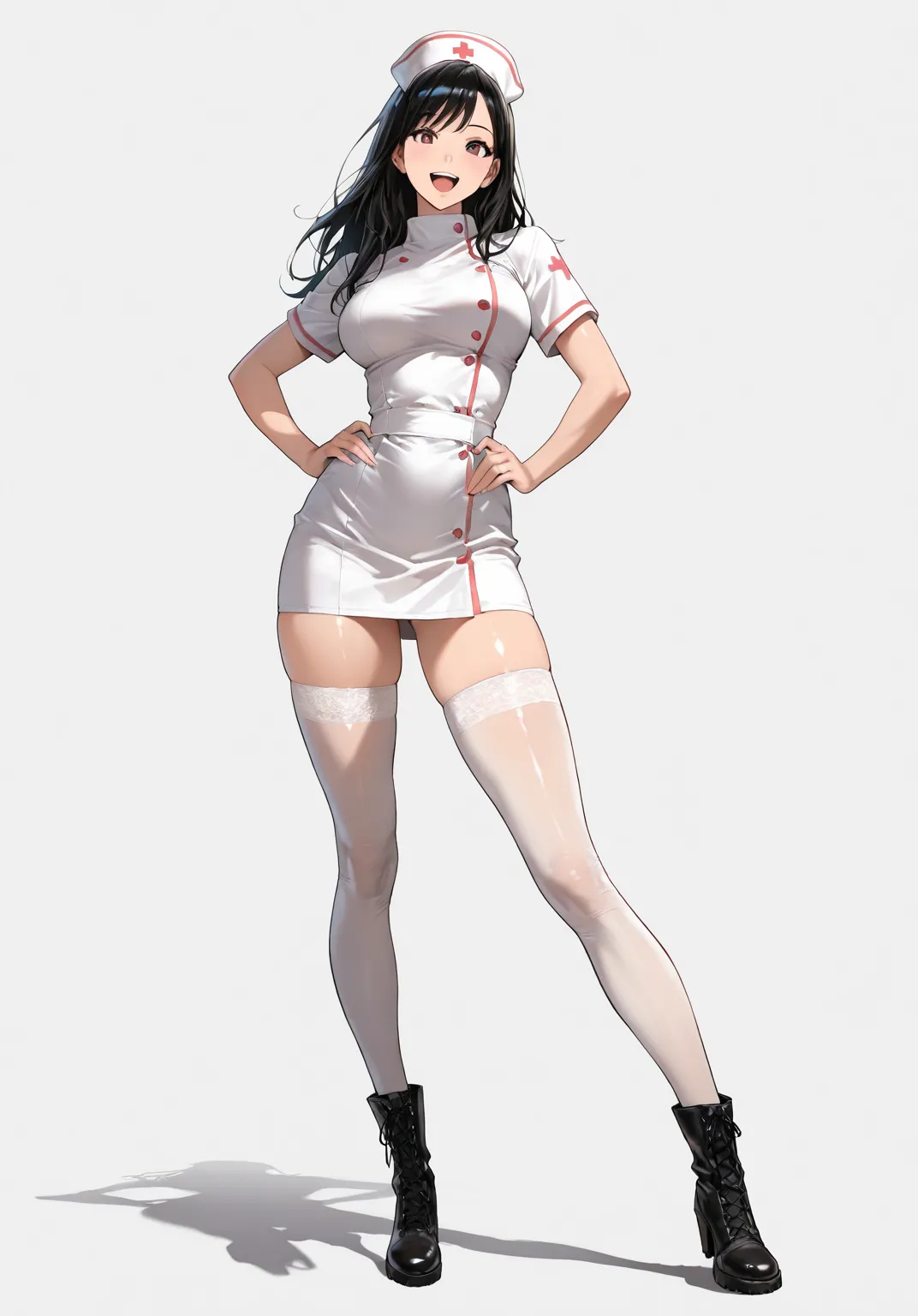 (Best Quality,  masterpiece: 1.2), masterpiece, perfect dynamic composition, beautifully detailed eyes,(oh my gosh),Alone,a woman wide against white background, 1girl , breasts, Alone, simple background, full body,thighhighs, looking at viewer,legs apart,o...