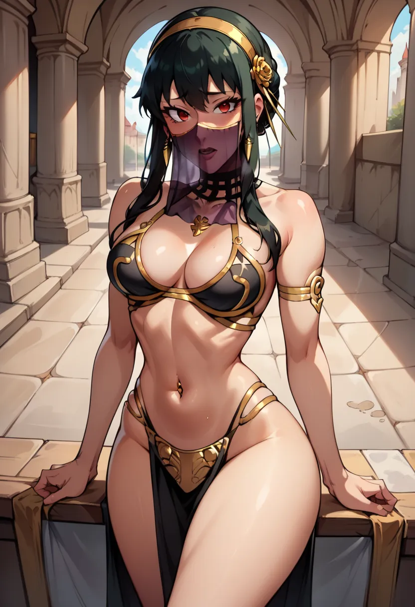 score_9, score_8_up, score_7_up, source_anime, best quality, solo, clear face, medium breasts, perfect body, looking at viewer, sex slave, purple slave bikini, palace, standing, dynamic angle, high leg thong, from behind, big ass, wide hips, gold navel pie...