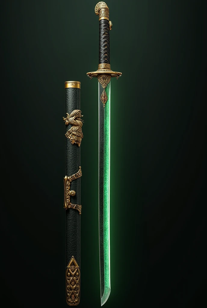 Green and gold katana with black and green blade with stained sheath details and hand holder decorated with the Japanese wind god.