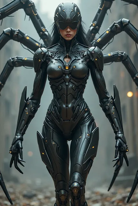 women wearing spider power armour.she is wearing the helmet with open her faceplate