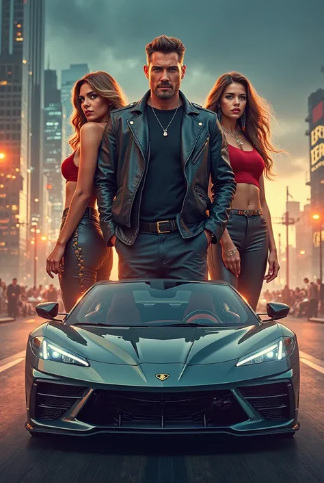 Create realistic poster of  KAUN TALHA name with a handsome guy sitting between two hottest glamorous woman's with  stylish sports car cinematic background  