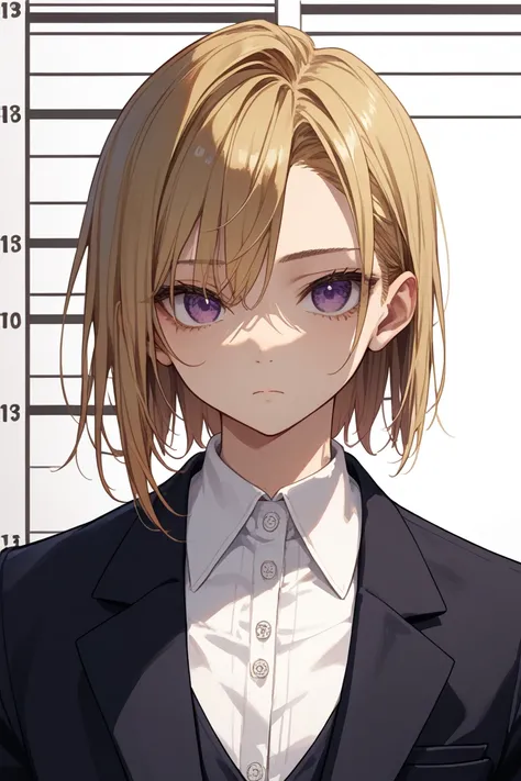 blond medium hair, ((Levi's bangs)), ((center part)),break ((hair intakes)), masterpiece, flat breasts, highest quality, Anime style, only one boy, tall stature, white background, Victorian, business suit, young woman, fuchsia purple eyes, ((straight hair)...