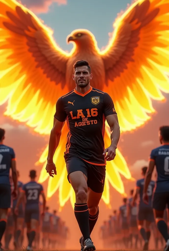 fair-skinned athlete parading who looks complete in a black and orange uniform.  The name of the team is “La 16 de Agosto” with a very large real Falcon voting fire behind parading next to it. 