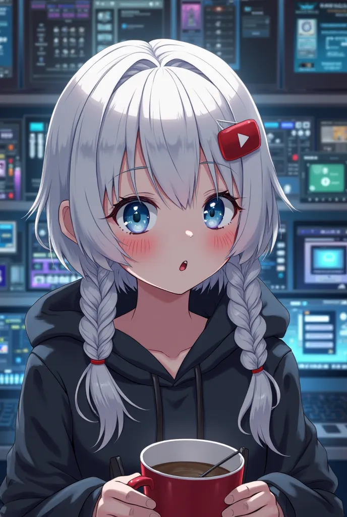 beautiful anime girl, white hair hair, blue eyes, holds a cup in his hand, square cup, lots of computers in the background, dark hoodie, looks at the screen in surprise, hairpin in the shape of a YouTube icon on the head, cyberpunk hoodie, two braids