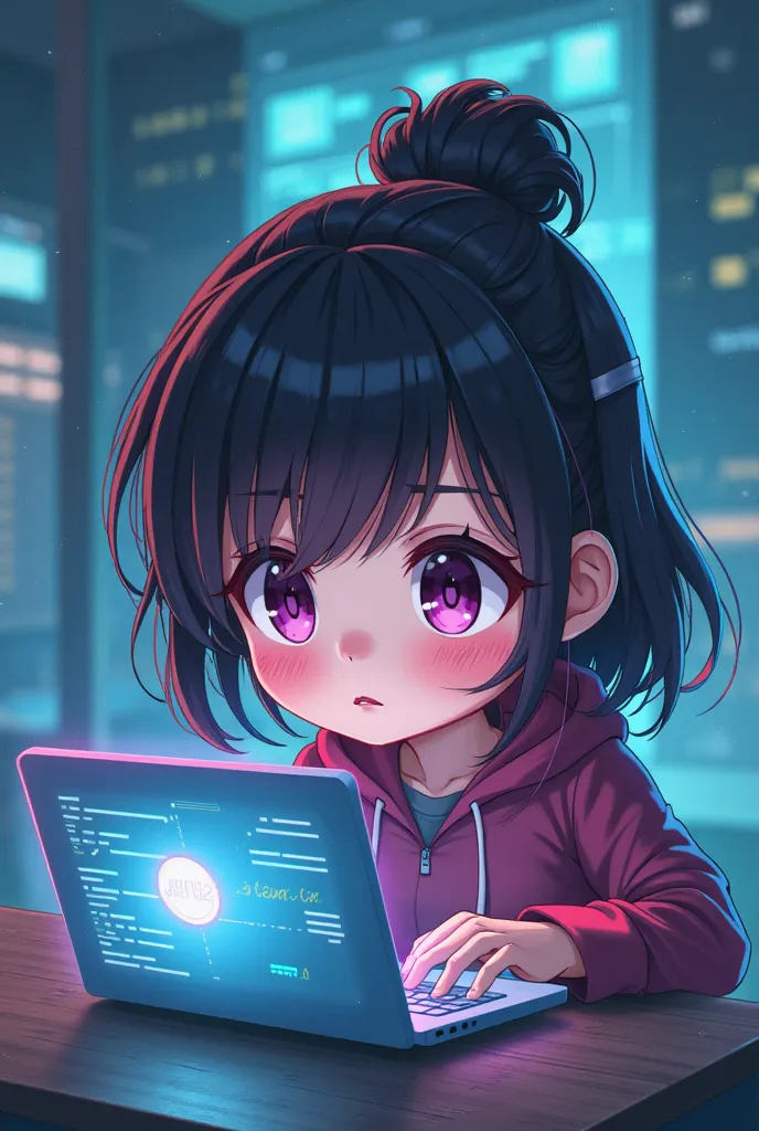 a girl holding laptop and hacking chibi , and from anime