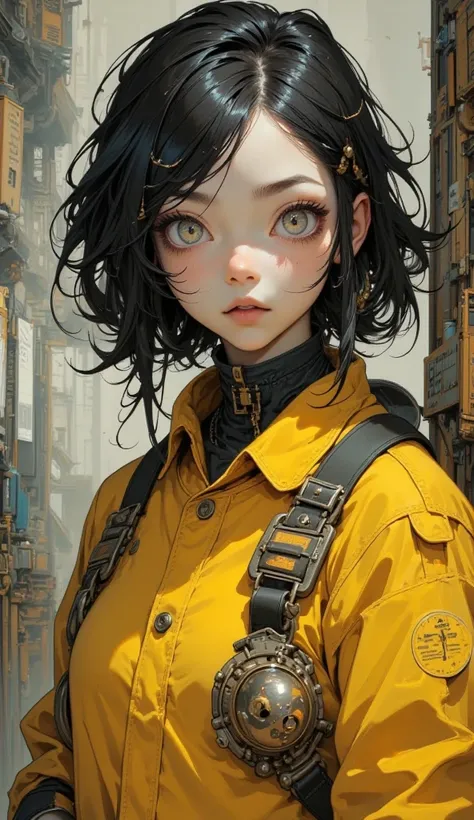 High Quality Textures { x}  beautiful and delicate eyes、high image quality、top quality、exhaustive、 Tim Burton Style、It depicts a young woman、 yellow Coveralls 、 cute、 anime style、