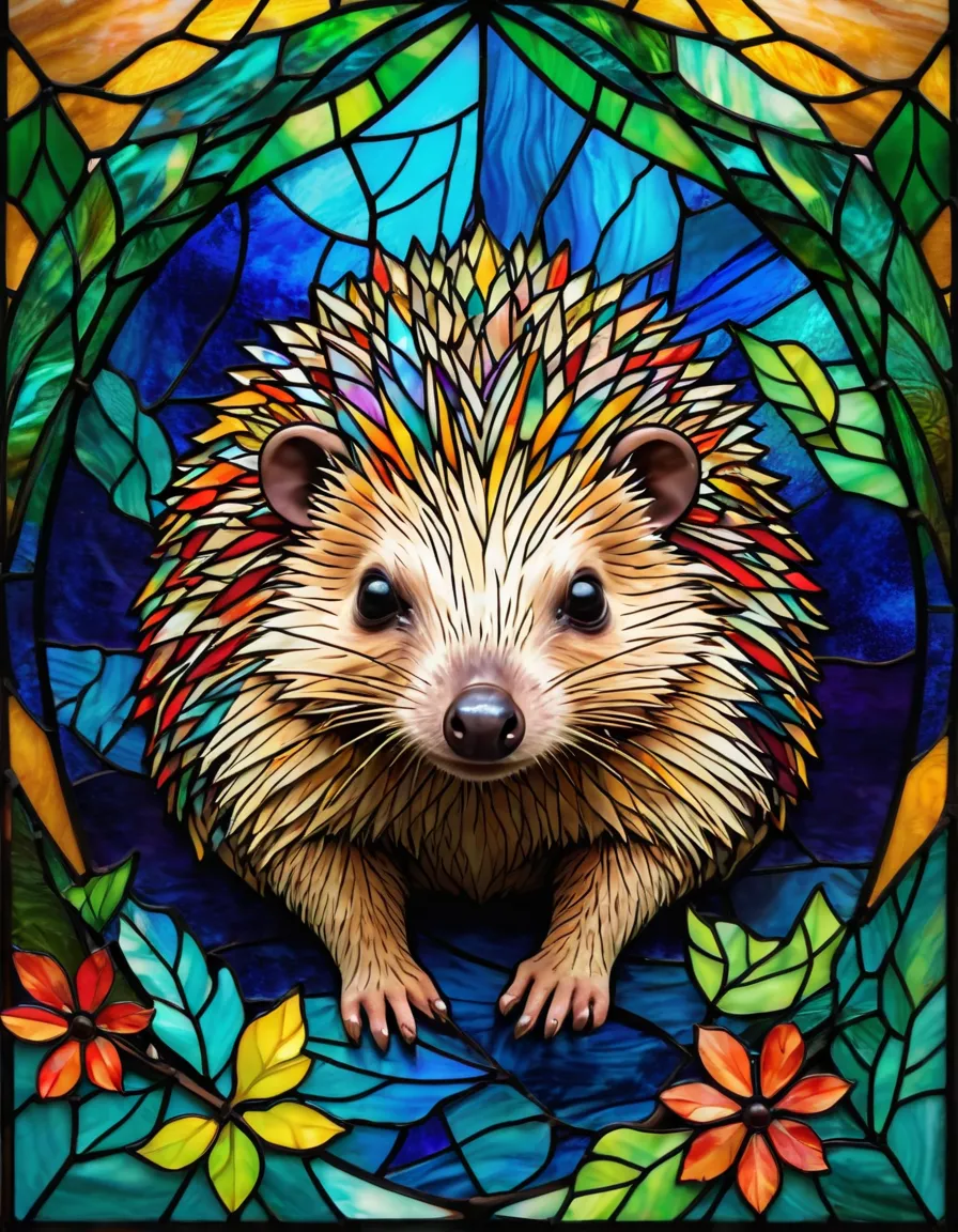 A stained-glass style illustration of a hedgehog, featuring intricate geometric patterns and vibrant colors. The hedgehog is surrounded by nature-inspired elements like leaves, flowers, and vines, all depicted in a luminous, stained-glass effect. The light...