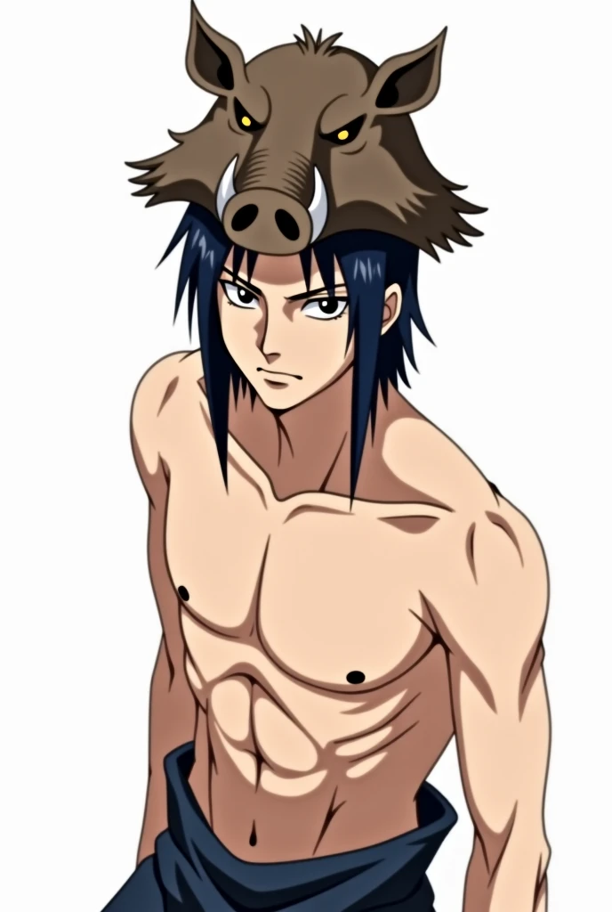 A half body high angle shot of orochimaru, he has no shirt on, is muscular, he has black hair with blue tips that end at his shoulders. On top of his head is a Wild boar head, that si made to be a hat. He has an annoyed expression while looking at the came...