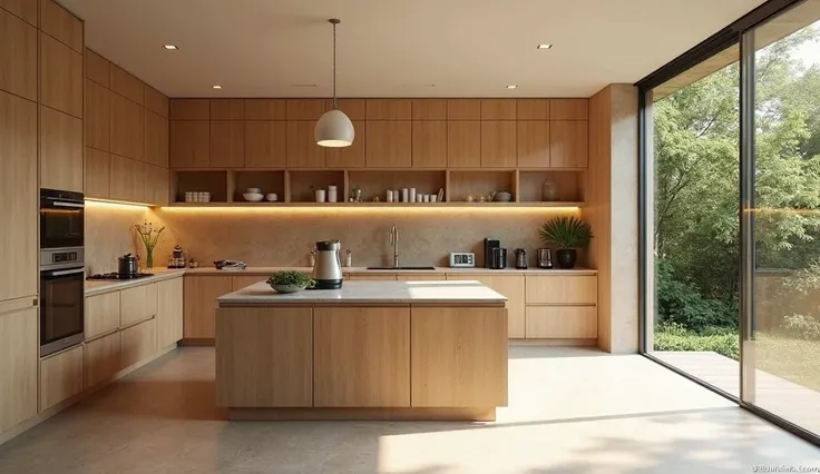 A spacious modern kitchen with a natural wood ambiance, featuring sleek wooden cabinets and a large island with a marble countertop. The lighting is soft and neutral, creating a warm yet natural atmosphere without excessive yellow tones. A large window on ...