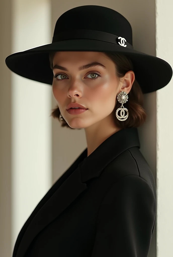 a model promoting chanel hat, jewelries, and clothes