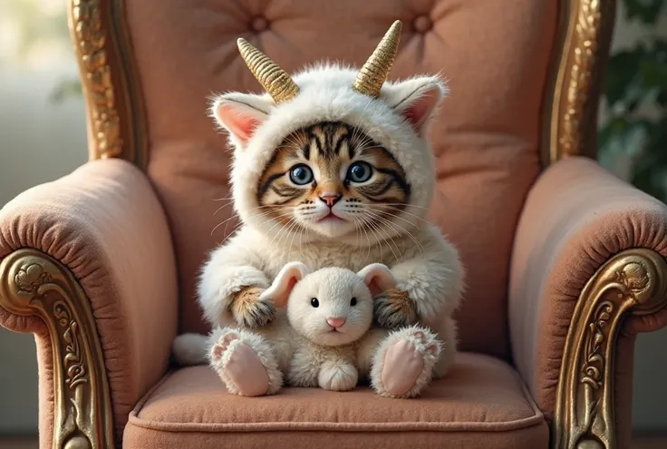 A baby cat、I'm wearing a baby goat costume。Sitting in a luxurious chair、Holding a stuffed rabbit、 is laughing。
Because it's a real kitten、Humans are、It's not coming out！