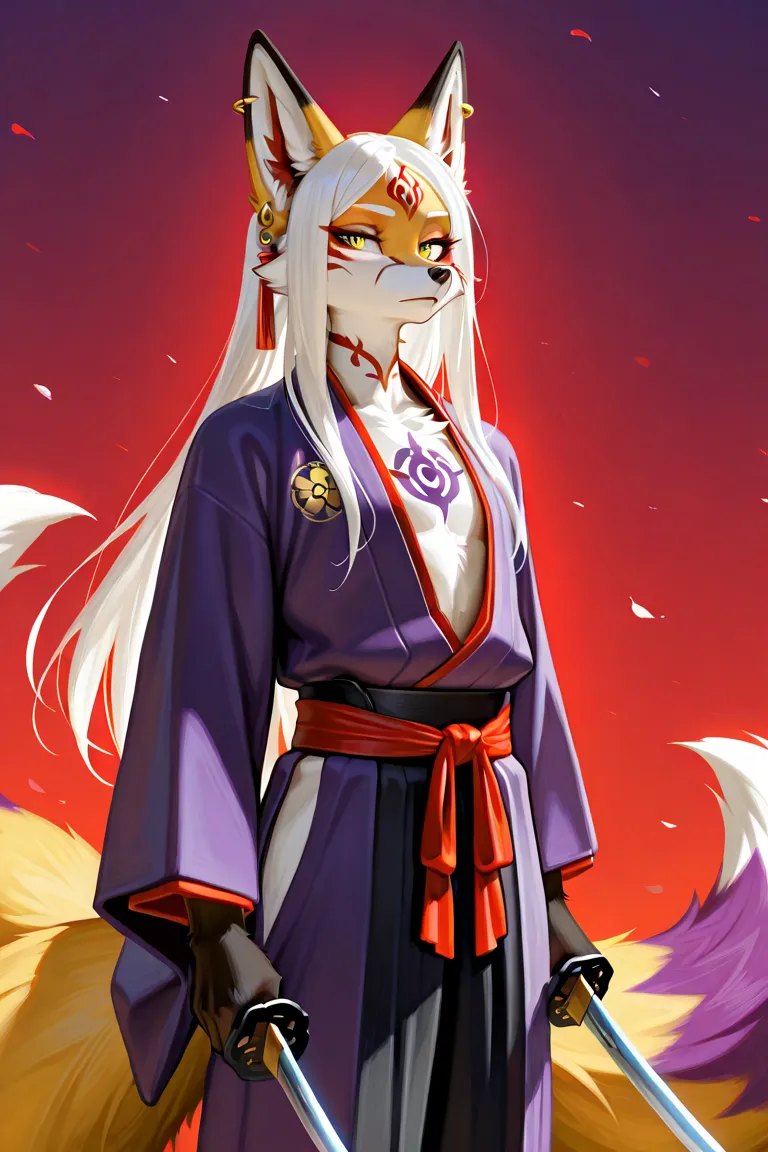 ((masterpiece, best quality, ultra detailed)), ((furry, anthro)), ((male, boy)), ((fox)). A kitsune character, a male with long white hair and golden fox eyes, sharp facial features and red and purple markings reminiscent of kabuki kumadori, wearing a mode...