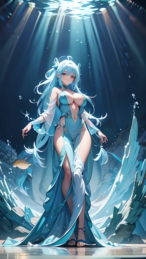 Underwater World , mermaid  , beauty,  young woman  , full body ,  smiling at the camera ,  big boobs,  striped hair,  Striped Hair  ,  Sky Blue Hair ,  long hair,  blue eyes, eye reflection,  light tracking ,  reverse exchange,  blurry, Luminous lamp, Sha...