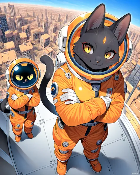 1 man, black cat furry, (orange spacesuit), casual kindness, smile, arm-crossed, from above, monocular, SF, Wind, blue sky, masterpiece, Best Quality