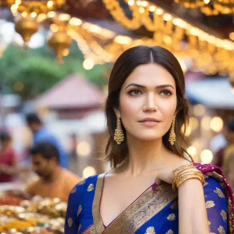 best quality, highres, 8k, masterpiece, photography, detailed midbody photorealistic portrait. Draped in an opulent royal blue silk sari with intricate gold embroidery, Mandy Moore poses in Singapore's Little India, surrounded by vibrant flower garlands an...