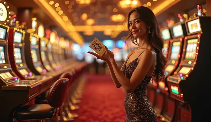 "A stunning woman in an elegant, form-fitting dress stands on the far left side of a glamorous casino-themed scene. She looks directly at the camera with a confident, inviting smile. In her extended hand, she gracefully holds a golden coupon, as if offerin...