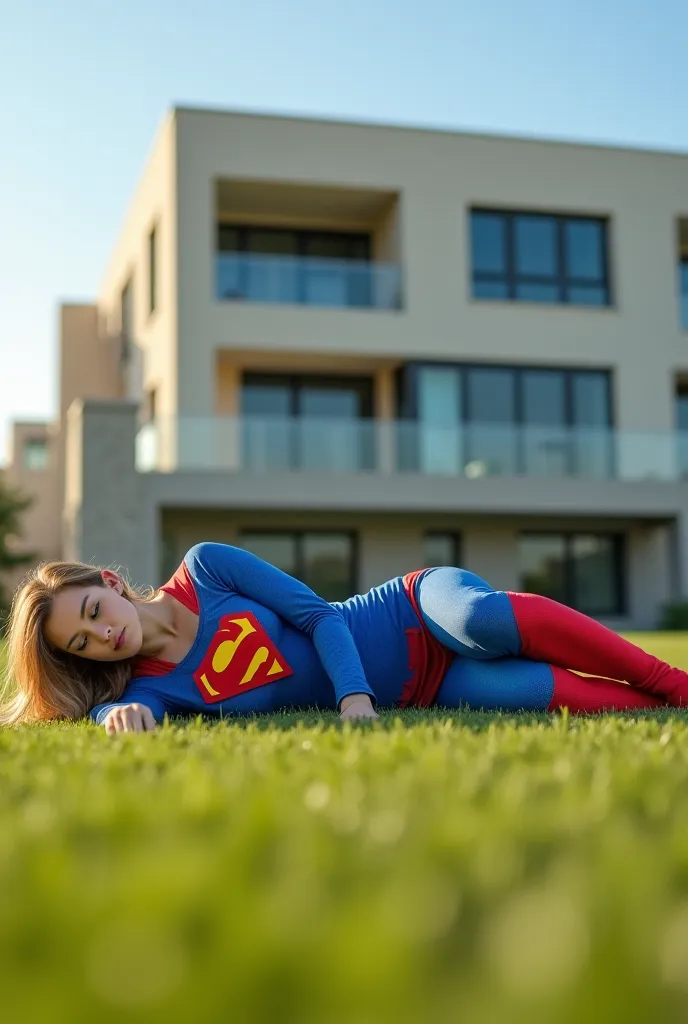 8k realistic ultra HDR A female figure, likely in her late s or early twenties, is lying on a grassy field. She is wearing a vibrant blue and red Superman-style costume, complete with a large, iconic red and yellow 'S' logo. The figure appears Caucasian, w...