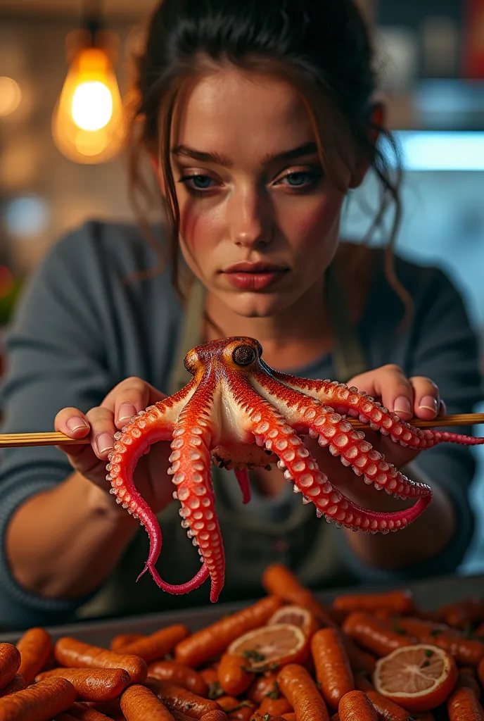 "A surreal macro photograph of an octopus roasting on a skewer instead of traditional meat at a döner shop. A woman is cooking it, her expression focused and slightly mysterious. The scene is detailed with warm, smoky lighting, spices, and traditional kitc...