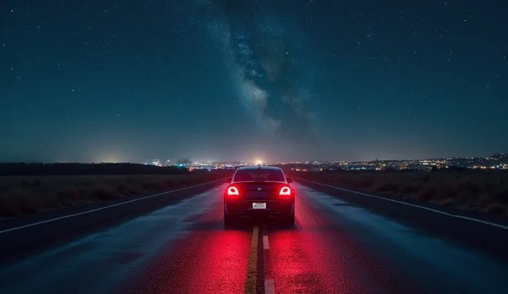 A car driving a lonely road at night, with an immense starry sky above. The rear lights of the car leave a red neon trail on the wet road. The landscape is urban in the distance, but the road seems infinite. The image conveys a sense of freedom and reflect...