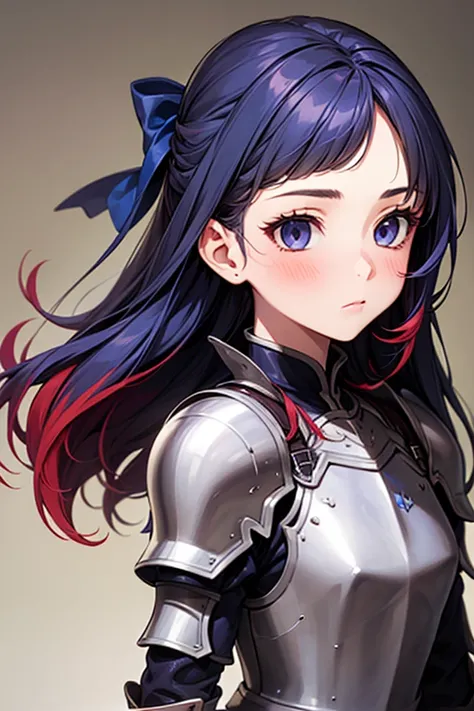 1girl, Solo, High Resolution, Multicolored Hair, Swept Bangs, Blush, Closed Mouth, Hair Ribbon, Masterpiece, Anatomically Correct,  red and blue hair, armored, sword, bow on back. 