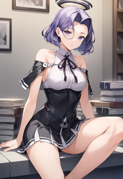 tatsutakai2 (kantai collection),  score_9,  score_8_up,  score_7_up,  score_6_up,  source_anime, masterpiece, best quality,  official art, official style,  game cg, glasses magazine, rating_safe, rating_questionable,  purple hair,  halo,  short hair, purpl...