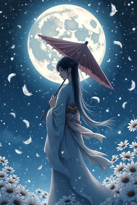 white feathers are pouring down like snow from the sky、Japanese maiden holding an umbrella、turning her back and looking back and only looking at her face、 night 、  full moon、 mystical 、 20 million pixel photo 、  panorama、   Ukiyo-e Style 、 anime style