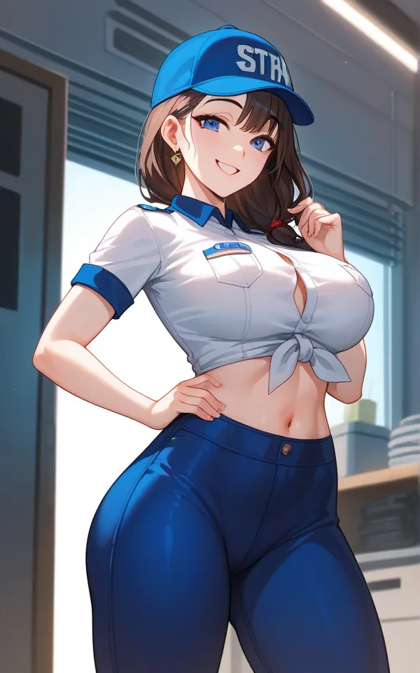 gas station worker clothes、Big Breasts、Belly button peek、smile、hat、