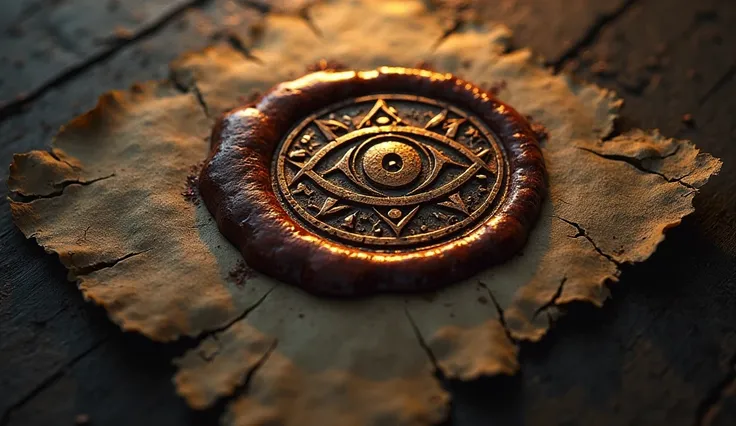 An ancient wax seal with an enigmatic symbol in the center, like an illuminated eye or an unknown hieroglyph. The background is dark with ancient parchment textures and cracks. The dim light highlights the relief of the seal, giving it an aspect of forbidd...