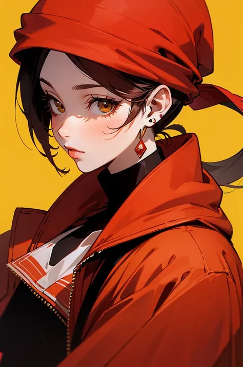 (red theme, yellow background),1girl, solo, simple background, masterpiece, high contrast, miyoshi_yoshimi, red beanie, earring, ponytail, jewelry, jacket