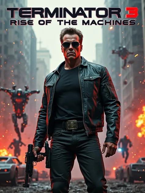 Create a cinematic poster for Terminator 3: Rise of the Machines. The Terminator, portrayed by Arnold Schwarzenegger, stands in the foreground, exuding power and determination, with his iconic sunglasses and a shotgun in hand. Behind him, a high-octane bat...