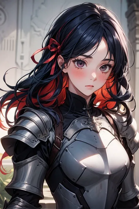 1girl, Solo, High Resolution, Multicolored Hair, Swept Bangs, Blush, Closed Mouth, Hair Ribbon, Masterpiece, Anatomically Correct,  red and blue hair, armored, sword, bow on back. 