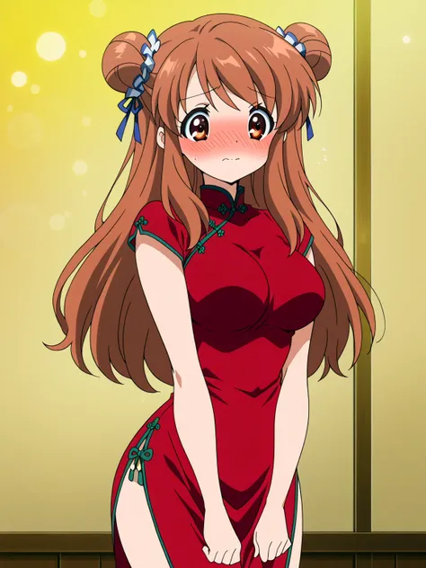 (mikuru asahina), long hair, brown hair, brown eyes,
(Cheongsam), hair bun, double bun, 
 1girl, anime_screencap, bokeh, masterpiece, best quality, perfect anatomy, very aesthetic, amazing quality, absurdres, anime-style illustration, anime screencap, newe...