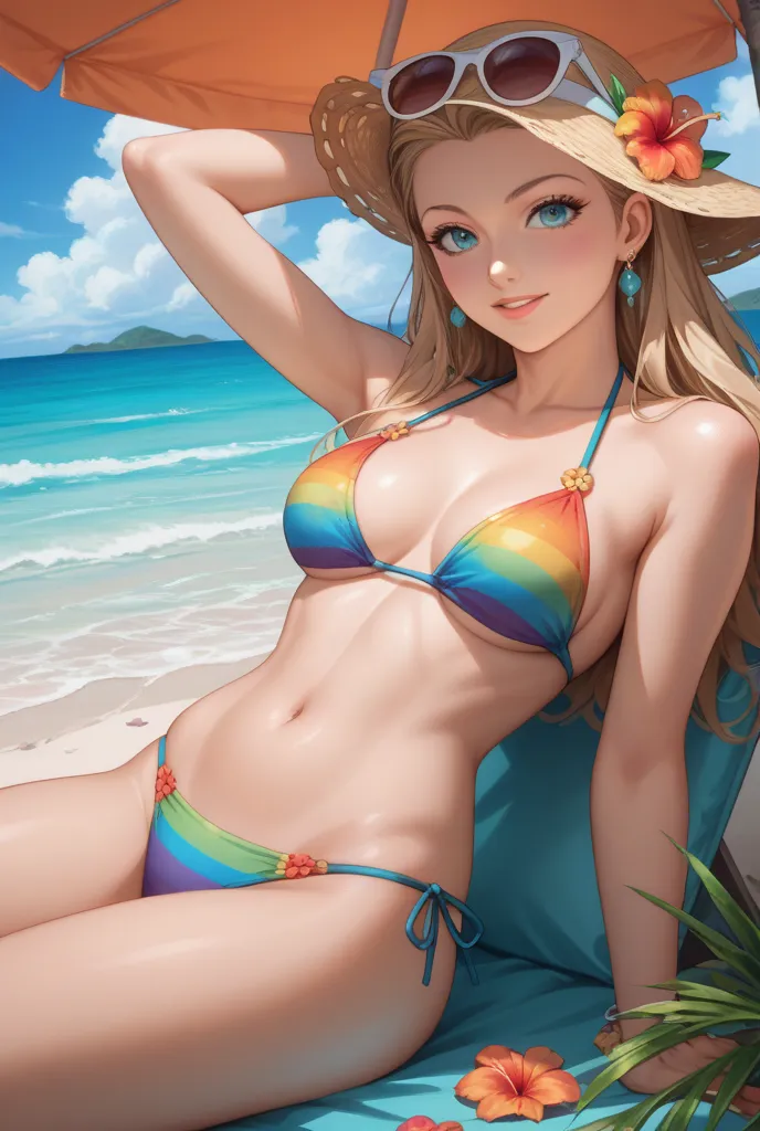 Tiny anime girl on beach with bikini backside