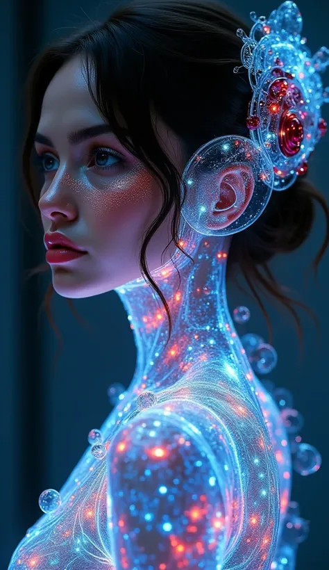 ((Waist shot)), craft a hyper realistic vertical photo of most attractive transparent tron jumpsuit crystal glass girl with neon light (Penélope Cruz),(Emma Watson), beautiful eyes, neon rainbow armor, intricate rainbow armor, delicate rainbow filigree, in...