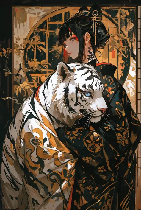 An ancient line of painting, a beautiful and distinctive geisha kimono, as she stands facing a fierce white tiger, powerful and elegant, reveals a delicate and colorful tattoo pattern on her back, which often represents Japanese culture. Her emotions and g...