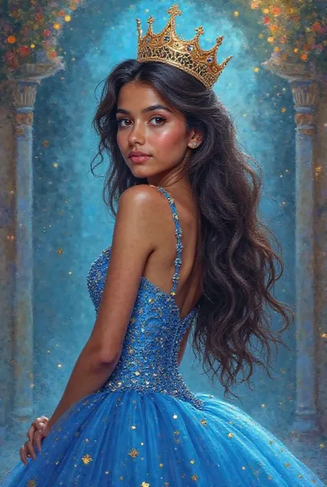  Long haired girl, wavy, being back, with a blue dress with sparkles and a big type of XV birthday girl. And above she has a crown of a quinceañera