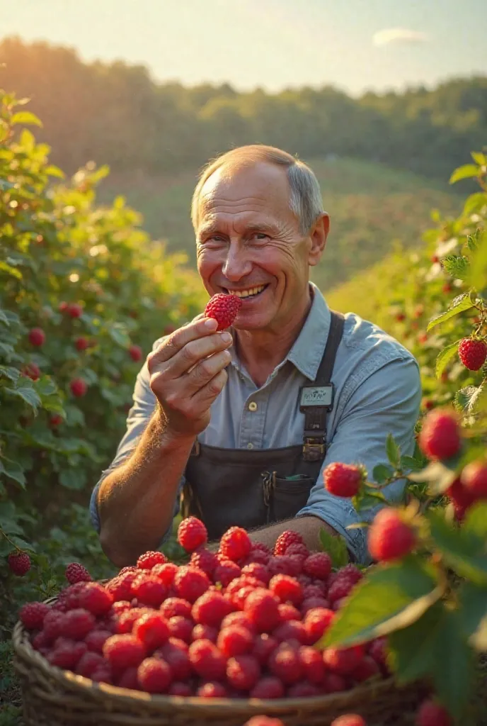 Happy and cheerful Vladimir Putin eats raspberries from a bush in a raspberry orchard at a berry farm. A fine summer day. Abundant Harvest. Beautiful view of the raspberry berry orchard