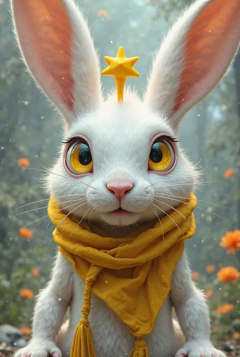 The white rabbit, yellow-eyed ,wear a yellow star on your head and wear a yellow headscarf