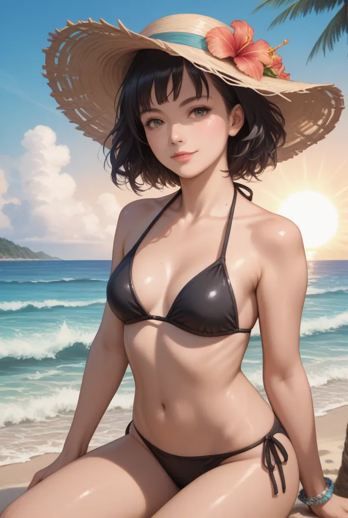 Tiny anime girl on beach with bikini Black 