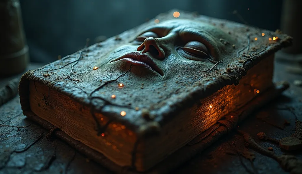 "Create a cinematic, eerie image of the Codex Gigas, with its cover made from human skin, specifically a face. The human face should be eerily preserved as the book’s cover, with detailed features like eyes, nose, and mouth faintly visible, creating a dist...