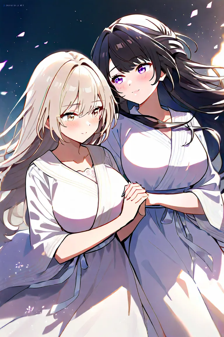 2 women、 character for V21（ light beige hair（ shoulder length）、Light beige eyes、Long）、 character for V2２（ black hair、long hair、 purple eyes、Big Breasts）、Holding hands、The distance it takes to breathe、Delicate atmosphere、 and stare at each other