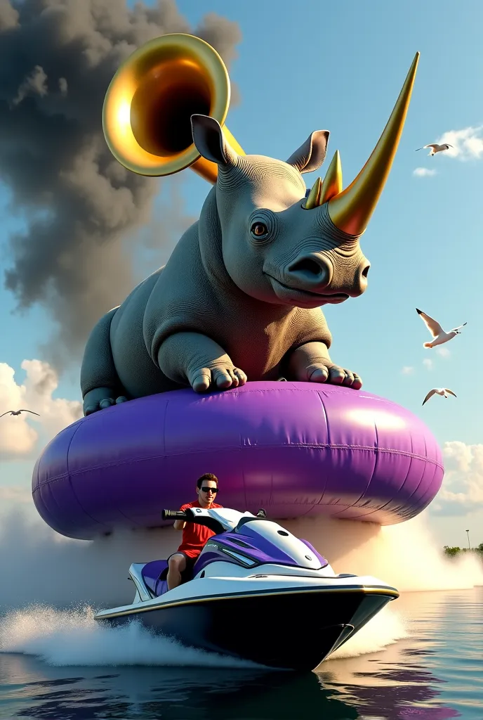 A colossal rhinoceros, its thick, textured skin glistening under the golden rays of the sun, sits comfortably within a vibrant inflatable purple pool ring, its round shape contrasting sharply against the ruggedness of the beast. Balancing precariously atop...