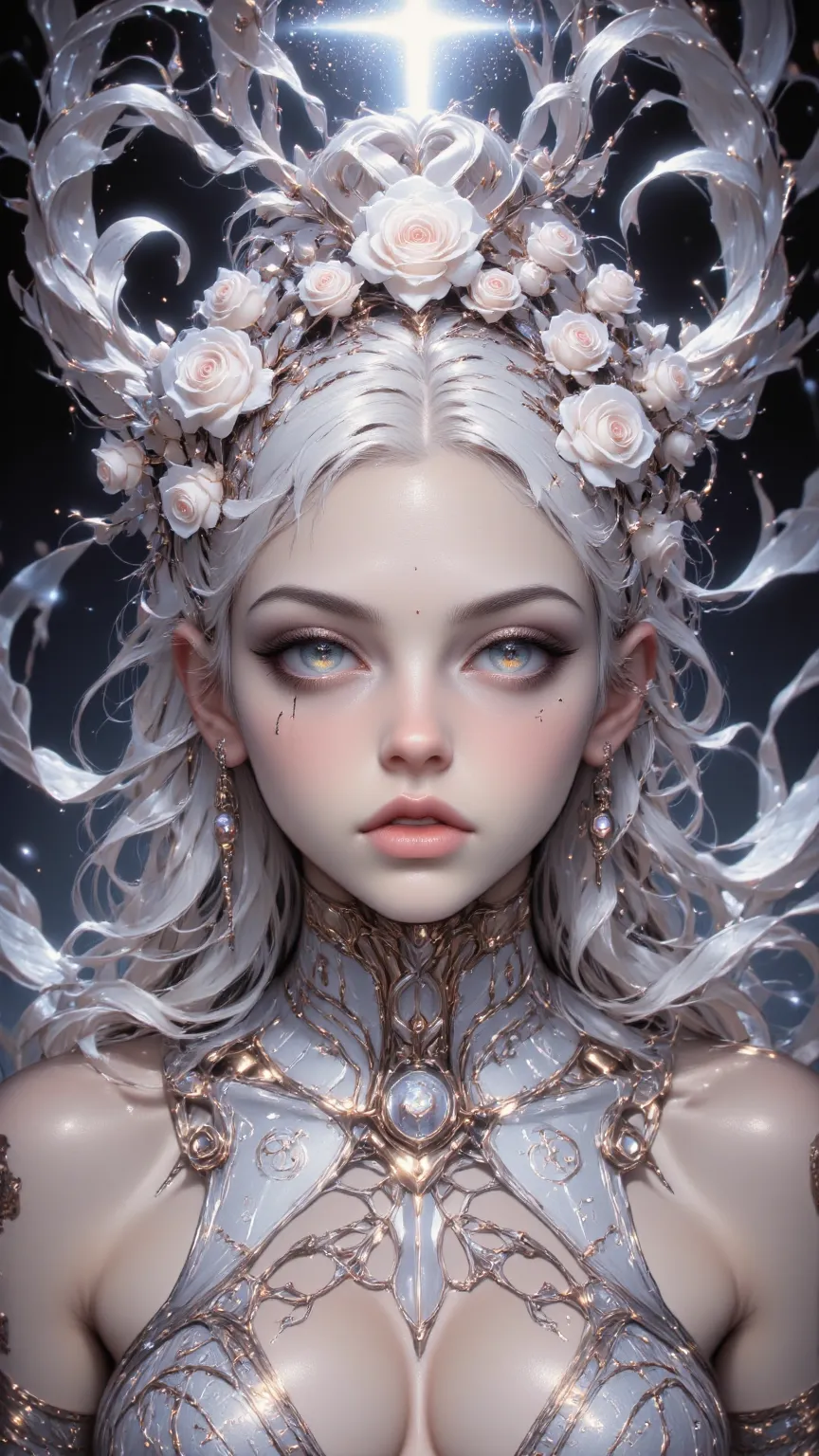 （ Abstract Art ：1.2），fractal art，Psychedelic Art，white theme，1 Girl，hair accessories，Simple Appearance，masterpiece，Best Quality，Ultra High Resolution，Award-Winning Art ，Very detailed，beauty，beauty，Lots of flowers，White Rose，非常beauty誘人的女人， strapless，Bright，...