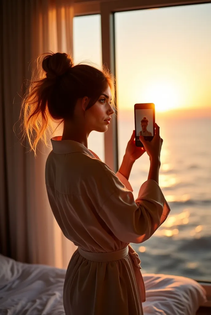 The image captures a candid moment of a stunning woman, still waking up in a Tenerife hotel room. The soft, dim glow of the early morning light from the window reflects off the ocean outside, filling the room with a warm, peaceful hue. Her hair is messy, c...