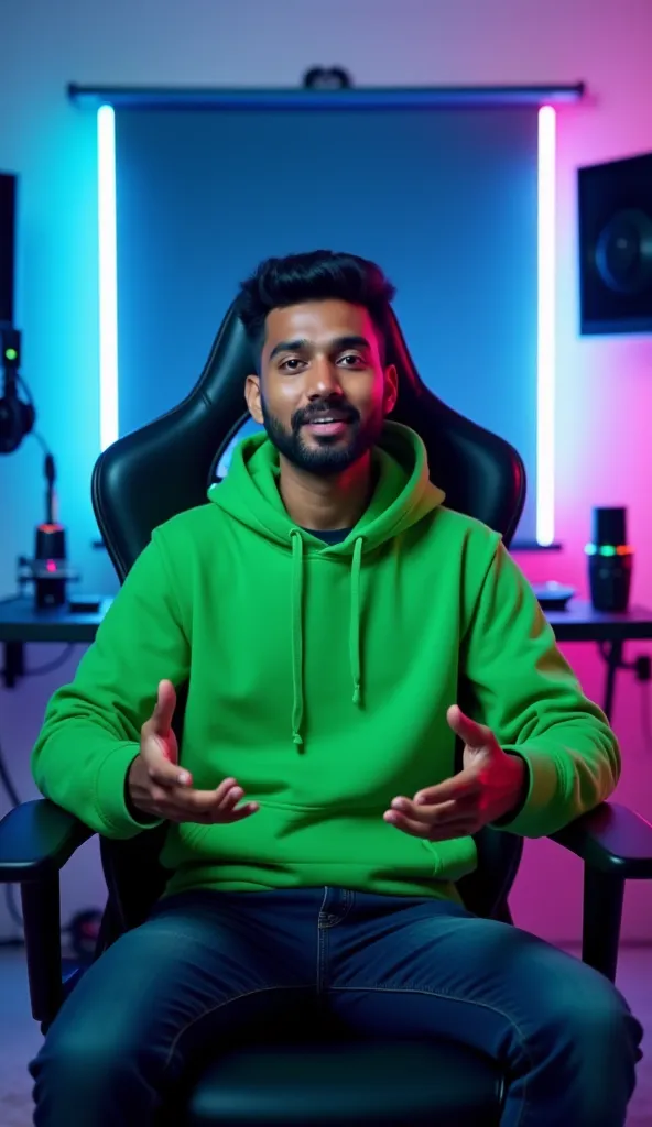 An Indian 25 Year old man sitting straight confidently on a modern gaming chair in his YouTube studio. He is wearing a bright green hoodie. His face is clearly visible and expressive. The man is gesturing with his hands, as if explaining something importan...