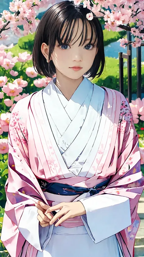 masterpiece,  high image quality ,  very well detailed, woman,  short hair ,  hairpins, Lace kimono , Spring flowers, In the Wind , Open Shrine,    pink petals ,  Mount Fuji,    Letter Frame Depth ,   from my pussy 